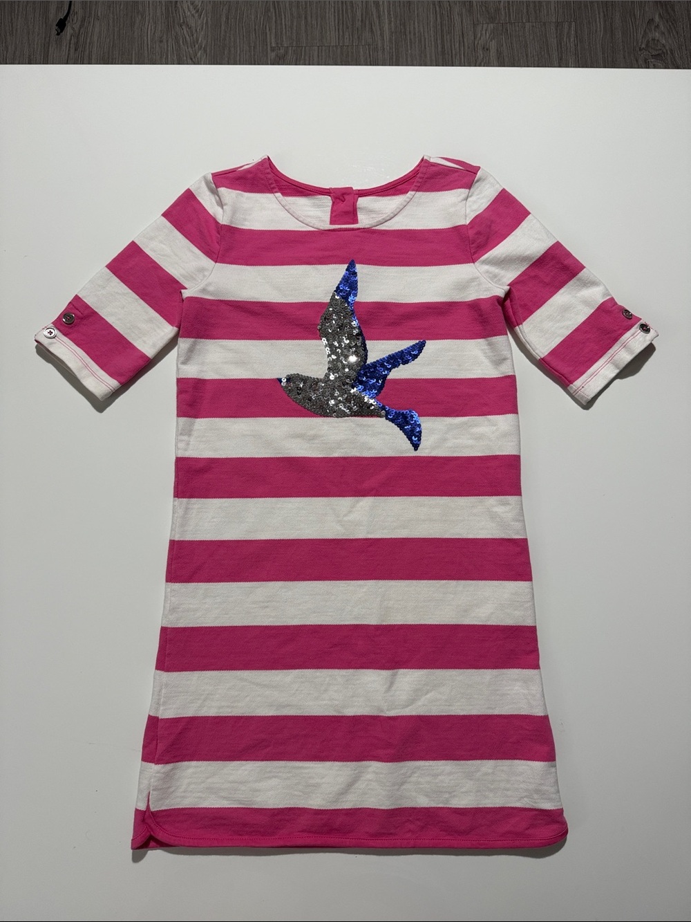 Gymboree Girls Dress Pink White Striped Sequin Bird Soft Knit A Line Sz 12